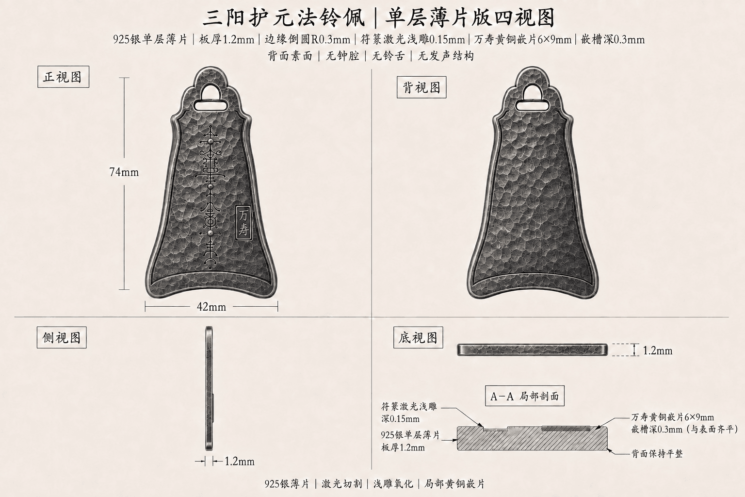 三阳护元法铃佩四视图与结构尺寸说明