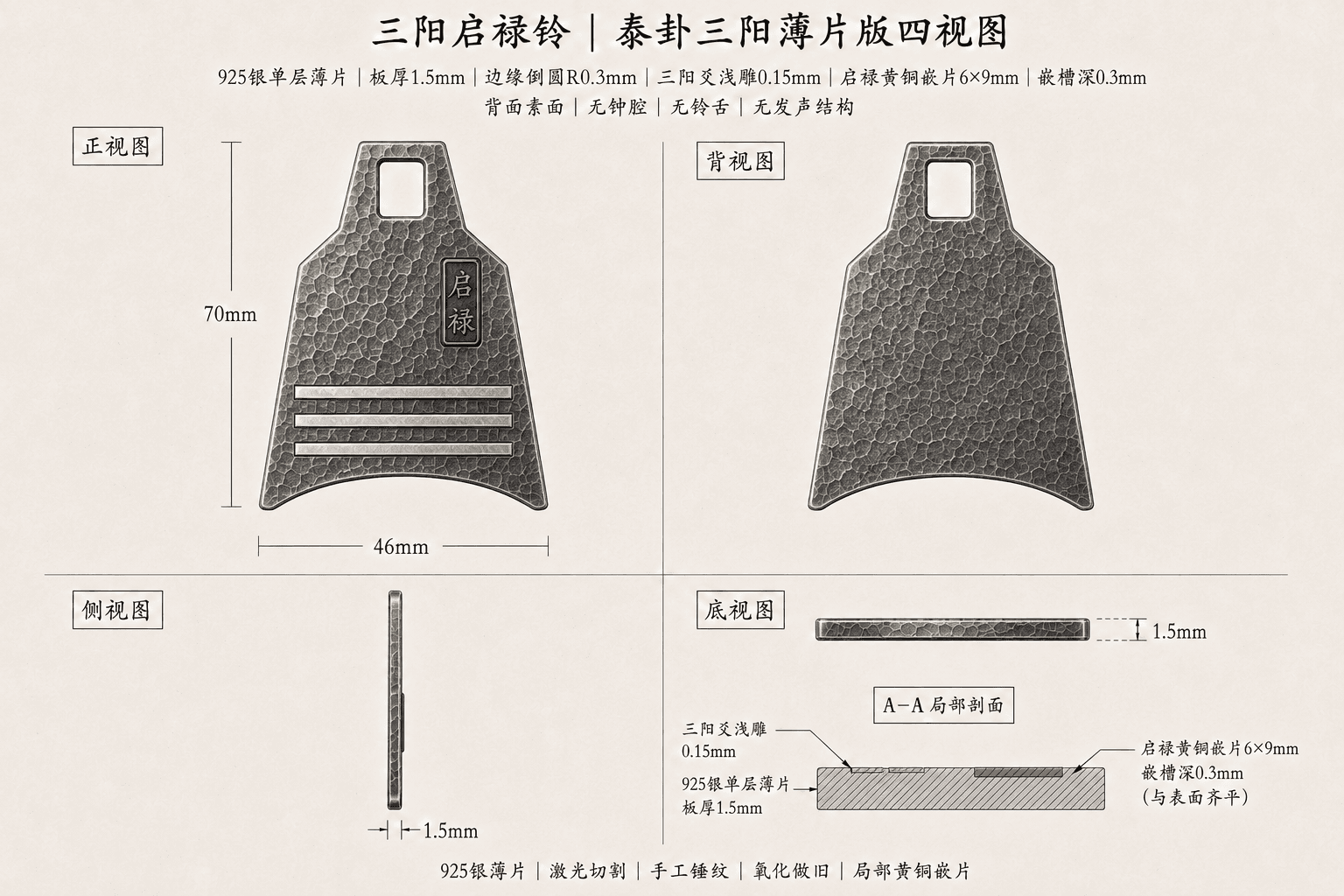 三阳启禄铃四视图与结构尺寸说明